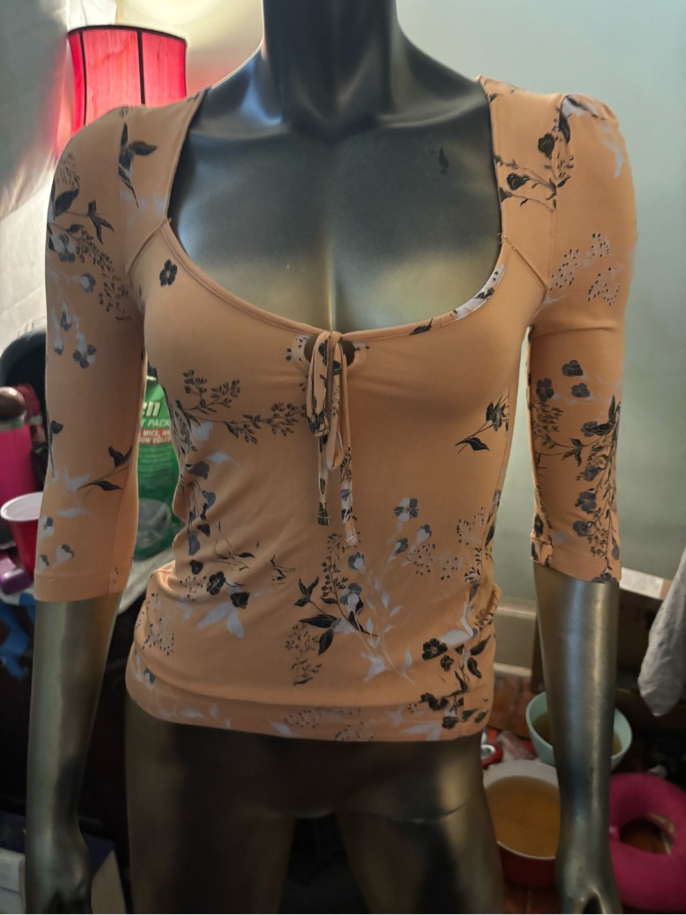 Free People Peach Floral Tie-Neck Scoop Top